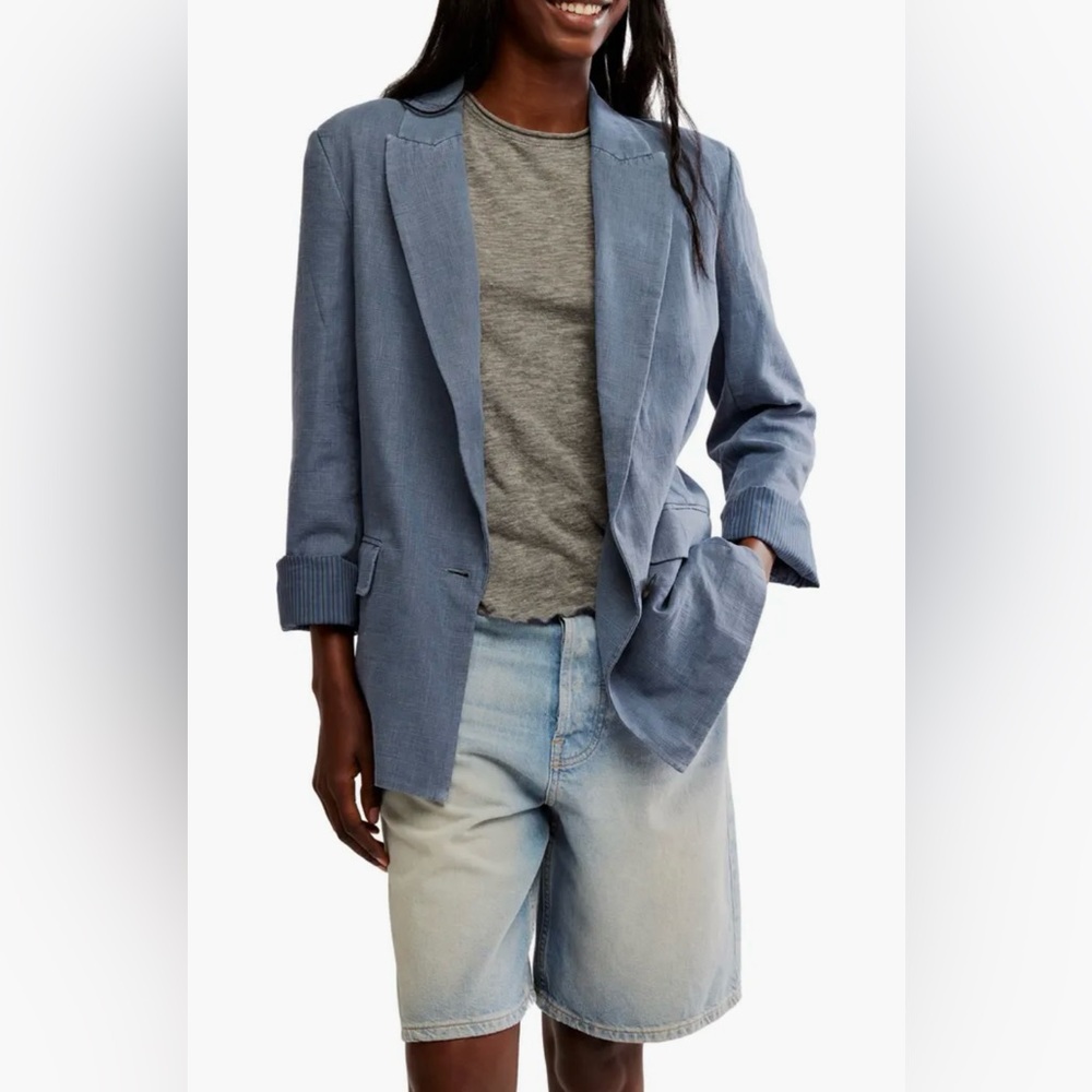 Free People Prep School Linen Blend Blazer NWT Vintage Indigo